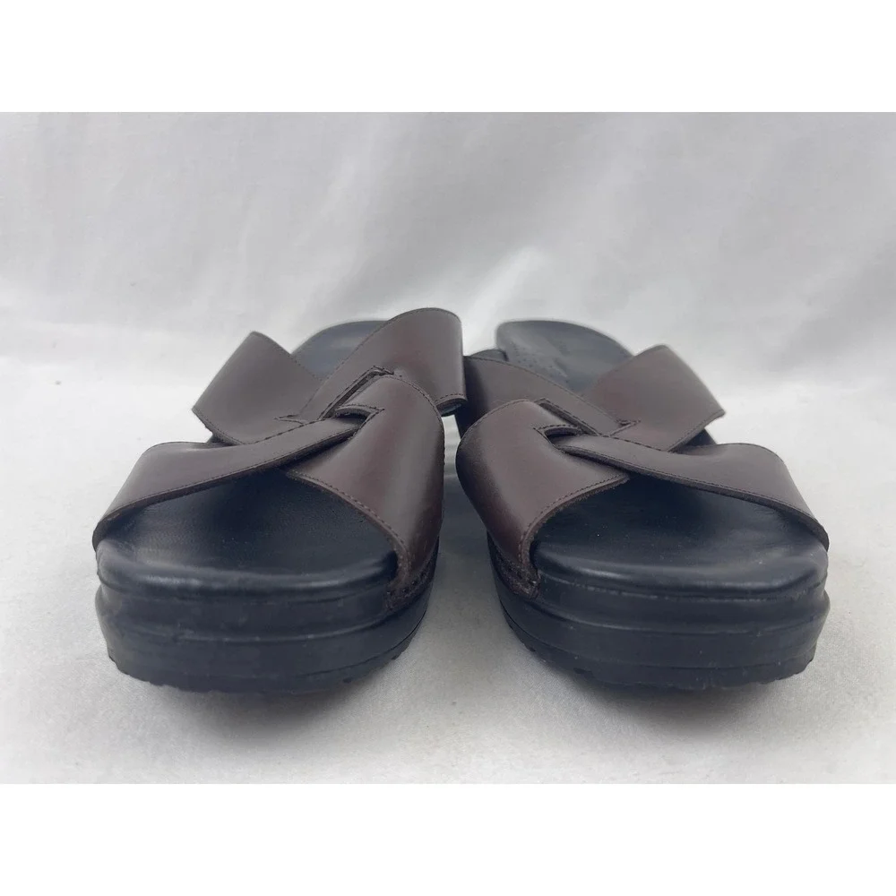 LL Bean Leather‎ Wedge Slide Sandals Womens 8.5 M Brown Cross Strap Comfort